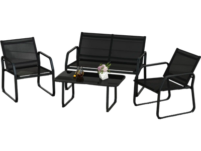 Costway 4-Piece Patio Conversation Set Breathable Fabric Tempered Glass Table Black 315789642 New