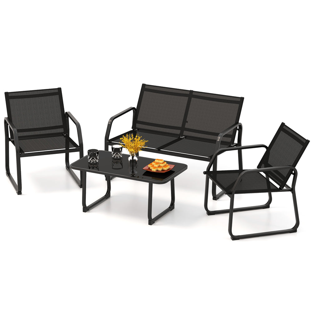 4-piece patio conversation set in black featuring breathable fabric seats and a tempered glass tabletop for outdoor.