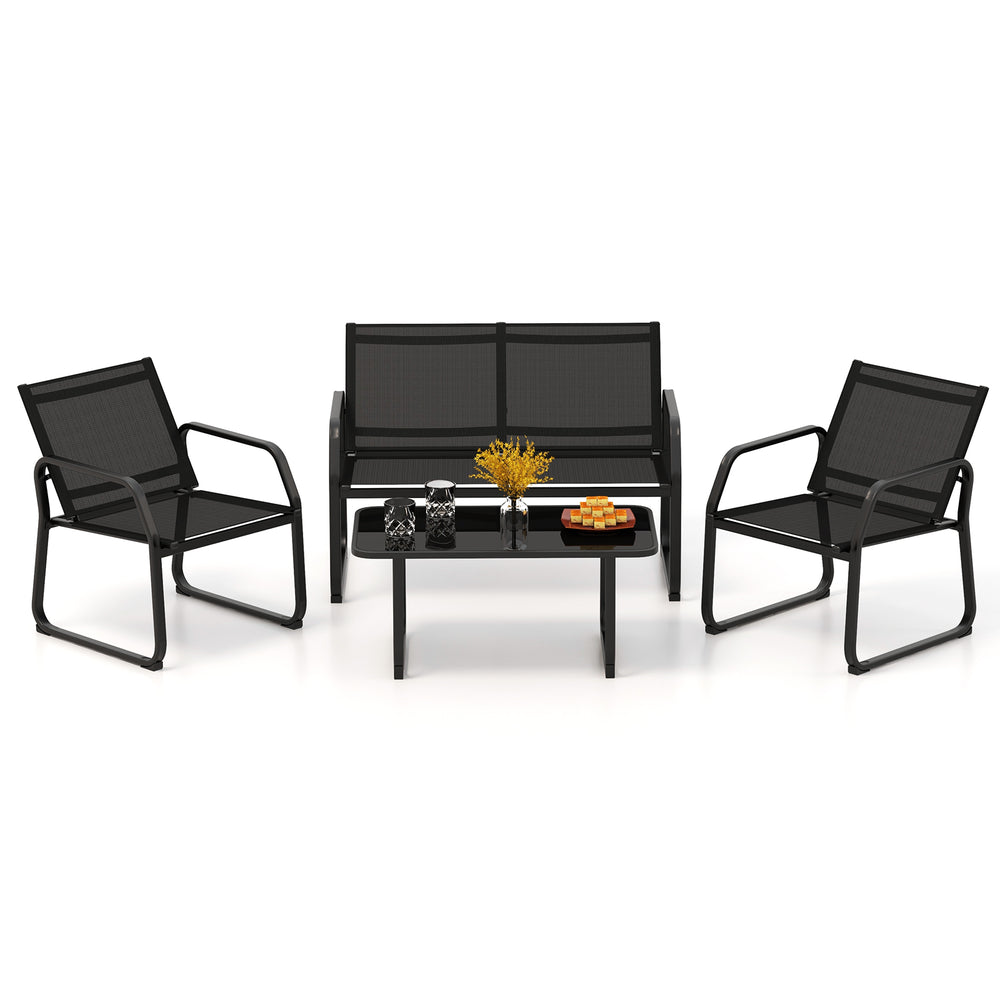 Black patio loveseat with breathable fabric seat and ergonomic design, ideal for outdoor relaxation and conversation.