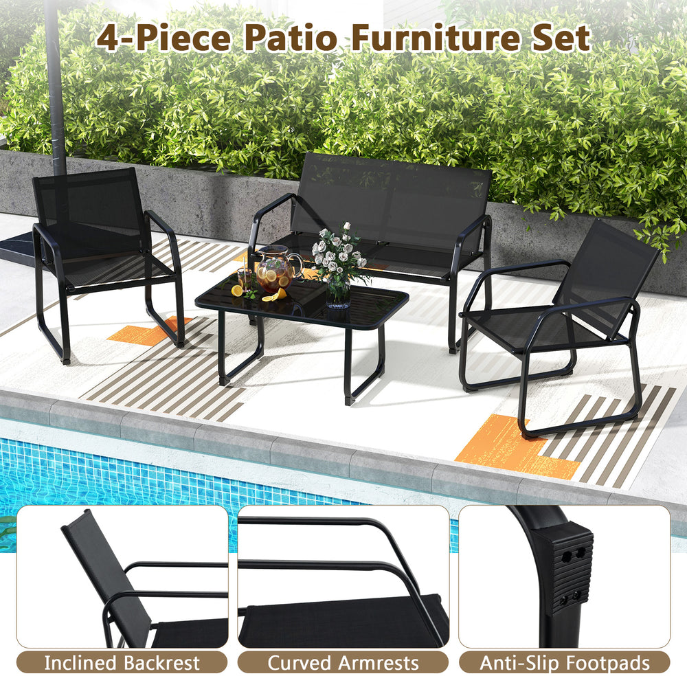 4-piece patio conversation set featuring breathable fabric seats and a tempered glass tabletop for outdoor comfort.
