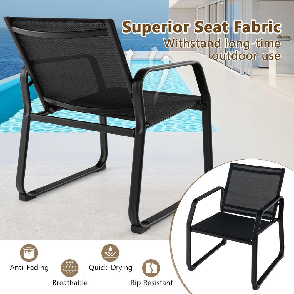 Black patio chair with breathable fabric seat, ergonomic design, and sturdy metal frame for outdoor comfort.