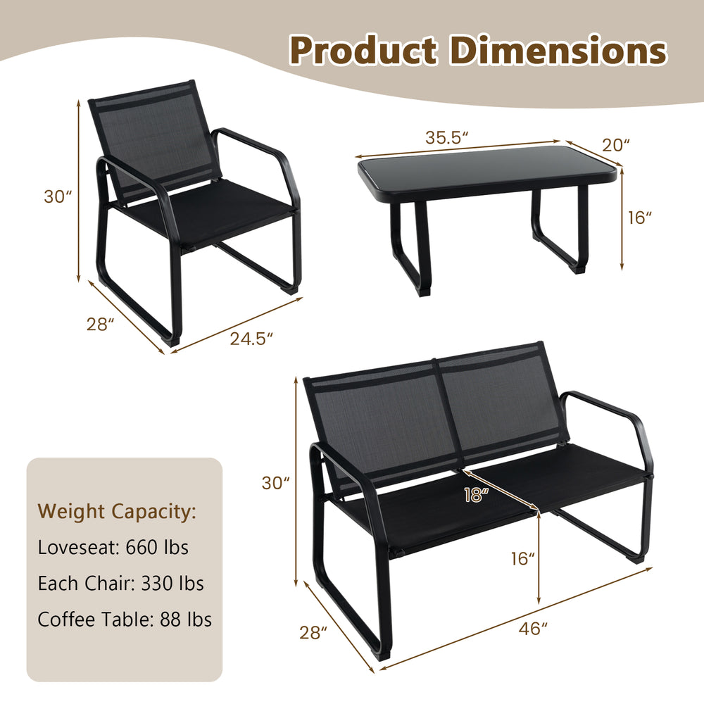 Patio conversation set dimensions showing loveseat, chairs, and coffee table with breathable fabric and tempered glass.