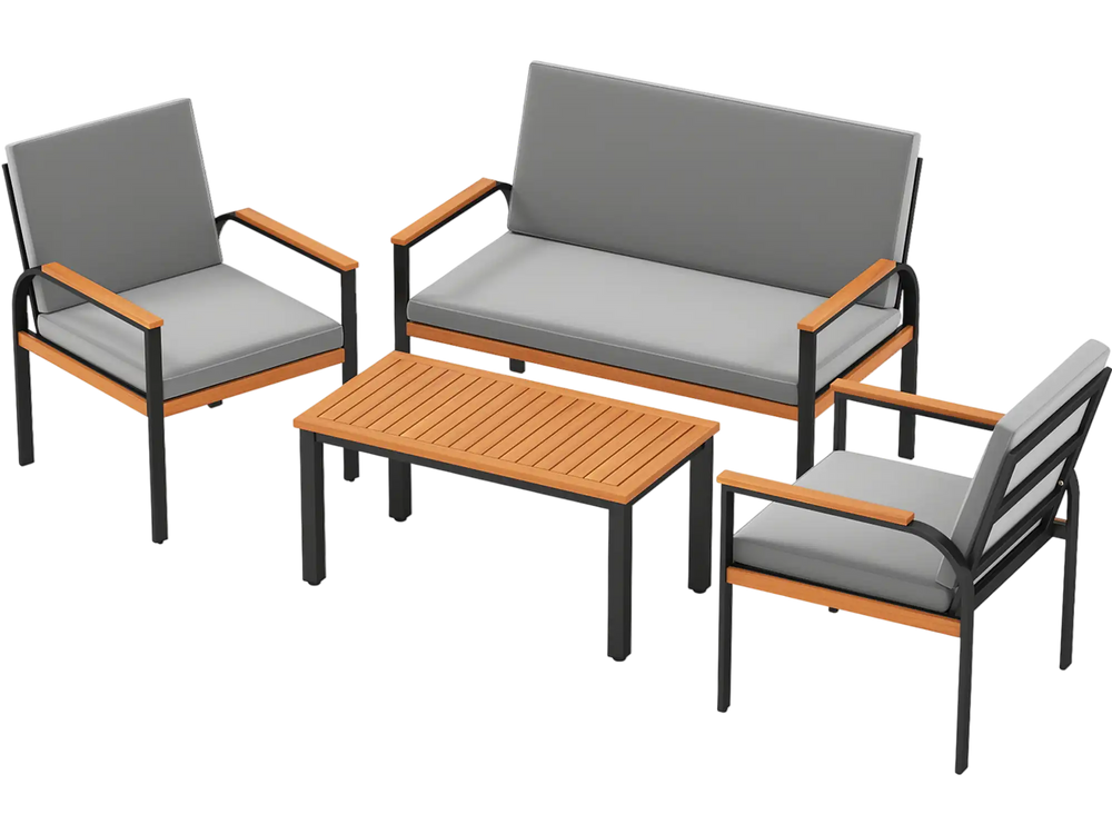 4-piece patio furniture set featuring a loveseat, two chairs, and a slatted coffee table with gray removable cushions.