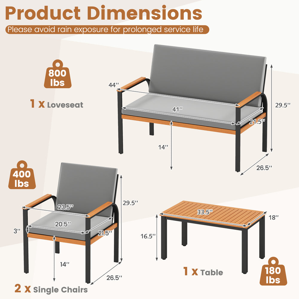 Dimensions of the 4 Piece Patio Furniture Set including loveseat and table, featuring removable cushions and sturdy.