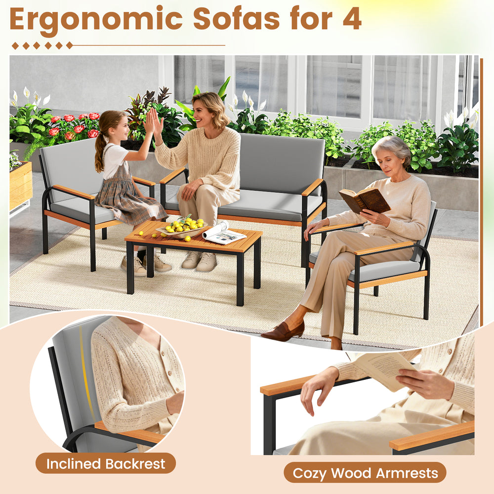 4-piece patio furniture set featuring a loveseat with gray removable cushions and cozy wood armrests for outdoor.