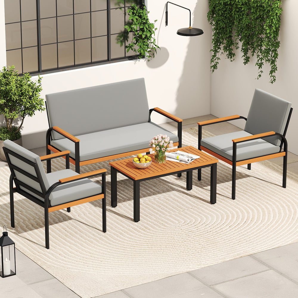 4-piece patio furniture set featuring a gray loveseat and chairs with removable cushions, perfect for outdoor.