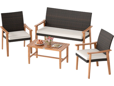 Costway 4-Piece PE Rattan Patio Furniture Set Chairs Acacia Wood Coffee Table Cushions 96169665 New