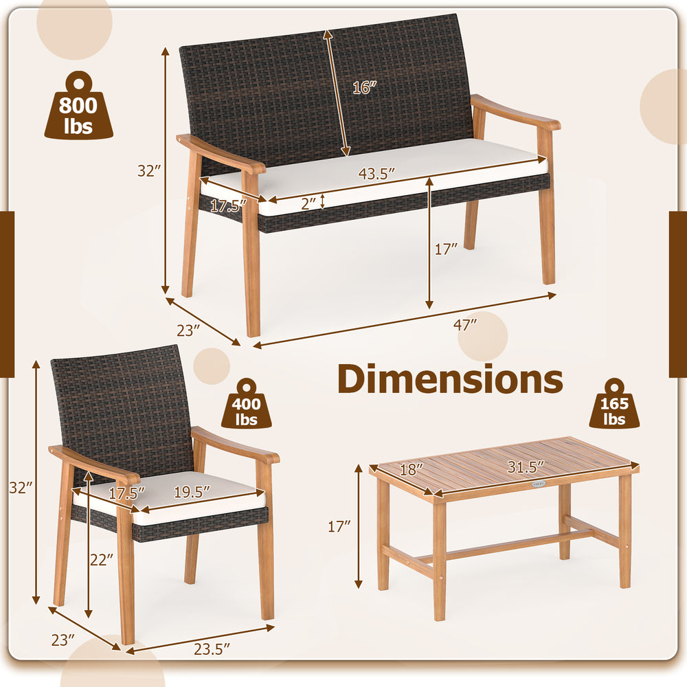 Dimensions of the 4-piece patio furniture set featuring PE rattan chairs and an acacia wood coffee table.