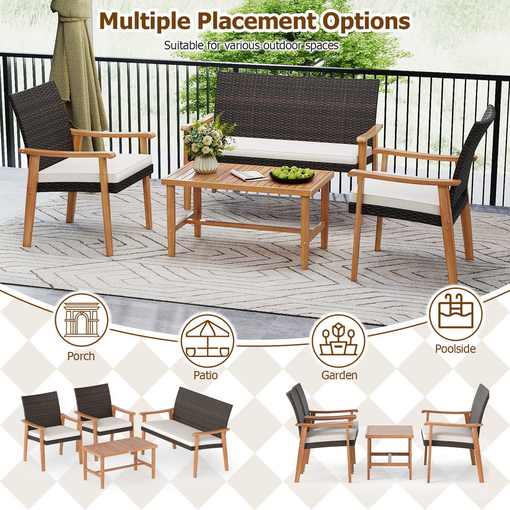 4-piece patio furniture set featuring acacia wood coffee table and PE rattan chairs with soft cushions for outdoor.