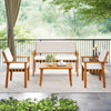 4-piece patio furniture set featuring solid acacia wood, soft white cushions, and a coffee table for backyard.