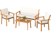 4-piece patio furniture set featuring solid acacia wood, soft white cushions, and a practical coffee table for outdoor.
