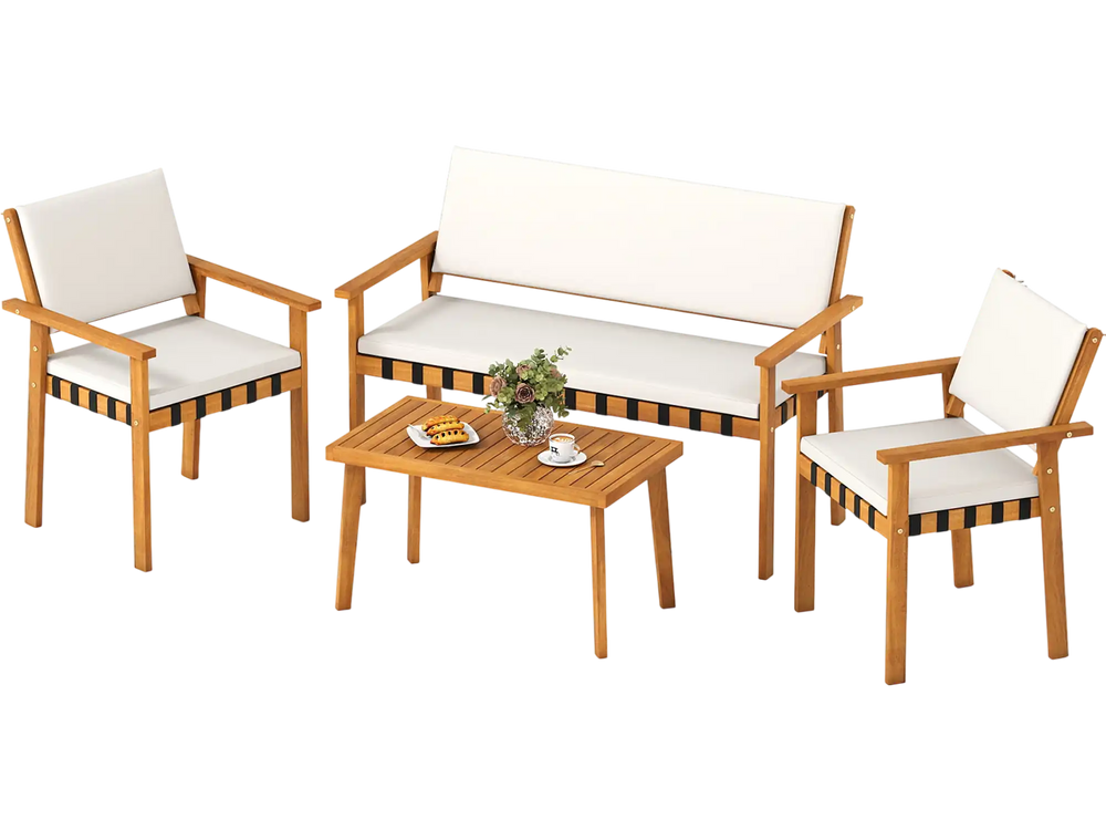 4-piece patio furniture set featuring solid acacia wood, soft white cushions, and a practical coffee table for outdoor.