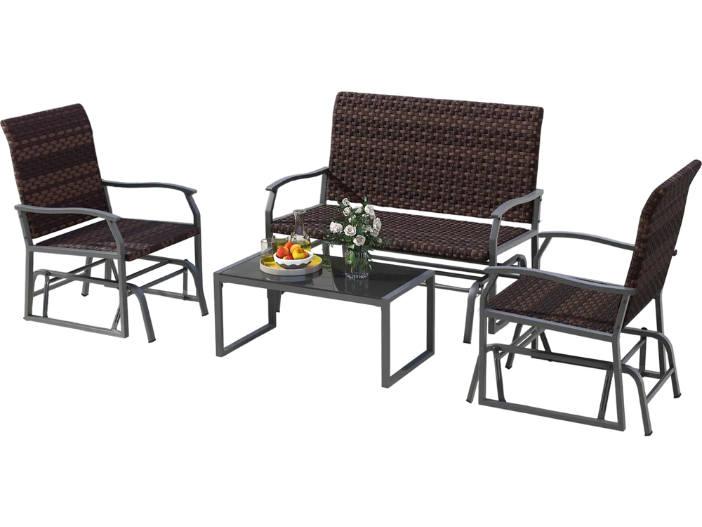 4-piece brown patio gliding set with wicker swing glider and tempered glass coffee table, perfect for outdoor.