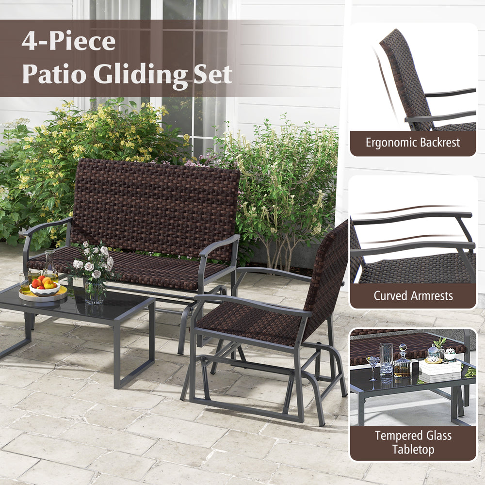 4-piece patio gliding set with brown wicker, tempered glass tabletop, and ergonomic design for outdoor relaxation.