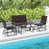 4-piece patio gliding set with brown wicker, tempered glass coffee table, ideal for poolside relaxation.