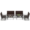 4-piece patio gliding set with brown wicker, cushioned seats, and tempered glass coffee table for outdoor relaxation.