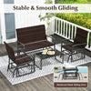 4-piece patio gliding set with brown wicker, cushioned seats, and tempered glass table for outdoor relaxation.