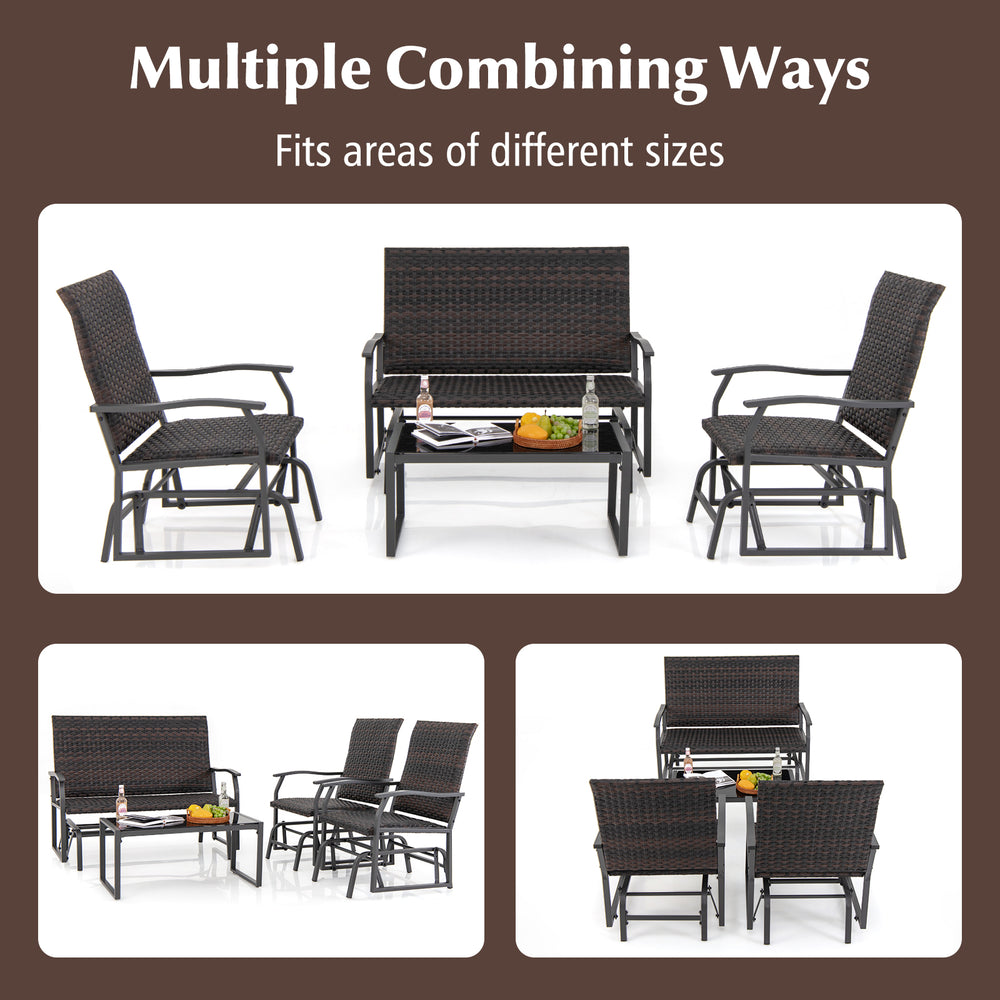 4-piece patio gliding set with brown wicker, cushioned seats, and tempered glass table for versatile outdoor relaxation.