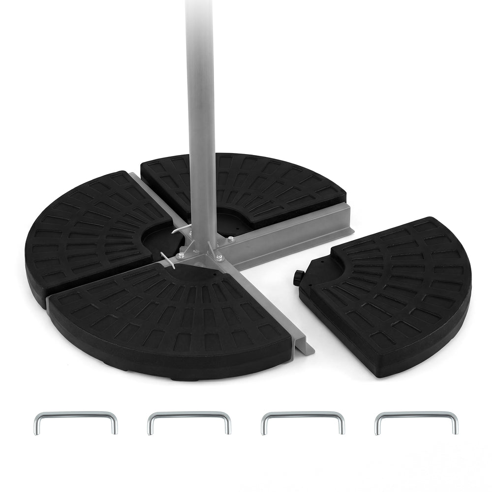 4-piece black patio umbrella base with interlocking plates and U-locking pins for stability on windy days.