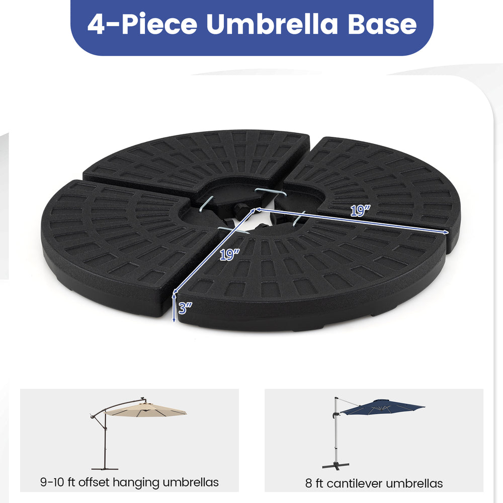 4-piece black patio umbrella base with interlocking plates, designed for 9-10 ft offset and 8 ft cantilever umbrellas.
