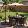 Heavy-duty black patio umbrella base with four interlocking plates for stability, designed for 9-10 ft umbrellas.