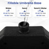 Fillable umbrella base with wide spouts, holding up to 140 lbs for stability, ideal for 9-10 ft patio umbrellas.