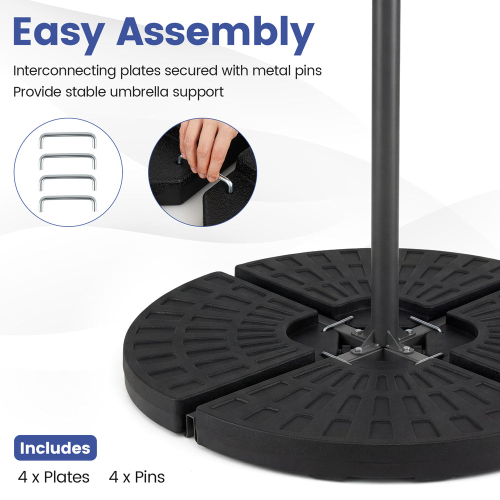 4 interlocking plates of the 140 lbs patio umbrella base with U-locking pins, designed for stability and easy assembly.