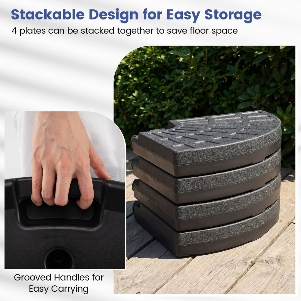 Stackable design of 4 patio umbrella base plates with grooved handles for easy carrying and space-saving storage.