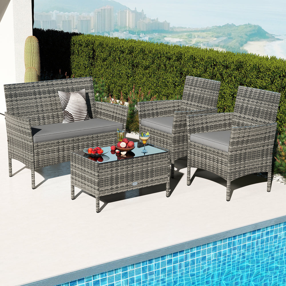 4 Pieces Patio Rattan Conversation Set with Tempered Glass Coffee Table-Gray - Gallery View 1 of 11