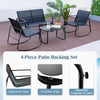 4-piece black patio rocking set featuring ergonomic chairs and a glass-top table, perfect for backyard relaxation.
