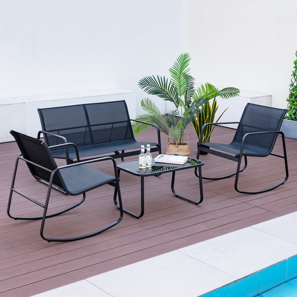4-piece black patio rocking set featuring a glass-top table, perfect for poolside or balcony relaxation.