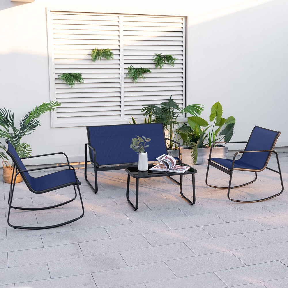 4 Piece Patio Rocking Set with Glass-Top Table-Navy - Gallery View 1 of 10