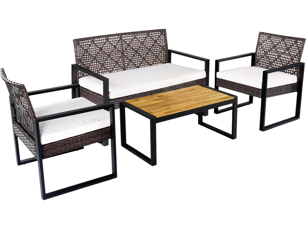 4-piece patio set featuring brown wicker chairs and an acacia coffee table, ideal for backyard relaxation.