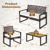 Dimensions of the 4-piece patio set featuring wicker chairs and acacia coffee table for backyard use.
