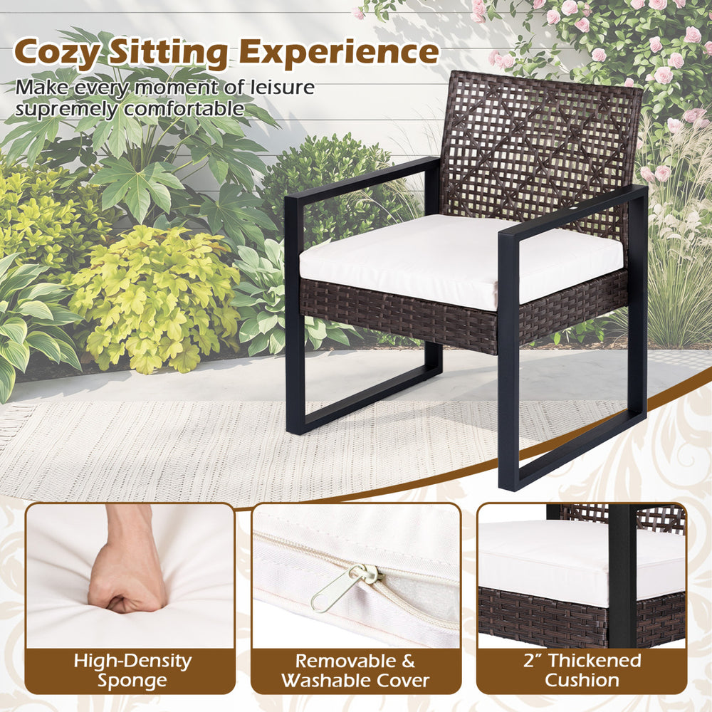 Wicker chair with removable cushion, featuring high-density sponge for comfort, perfect for outdoor patio use.