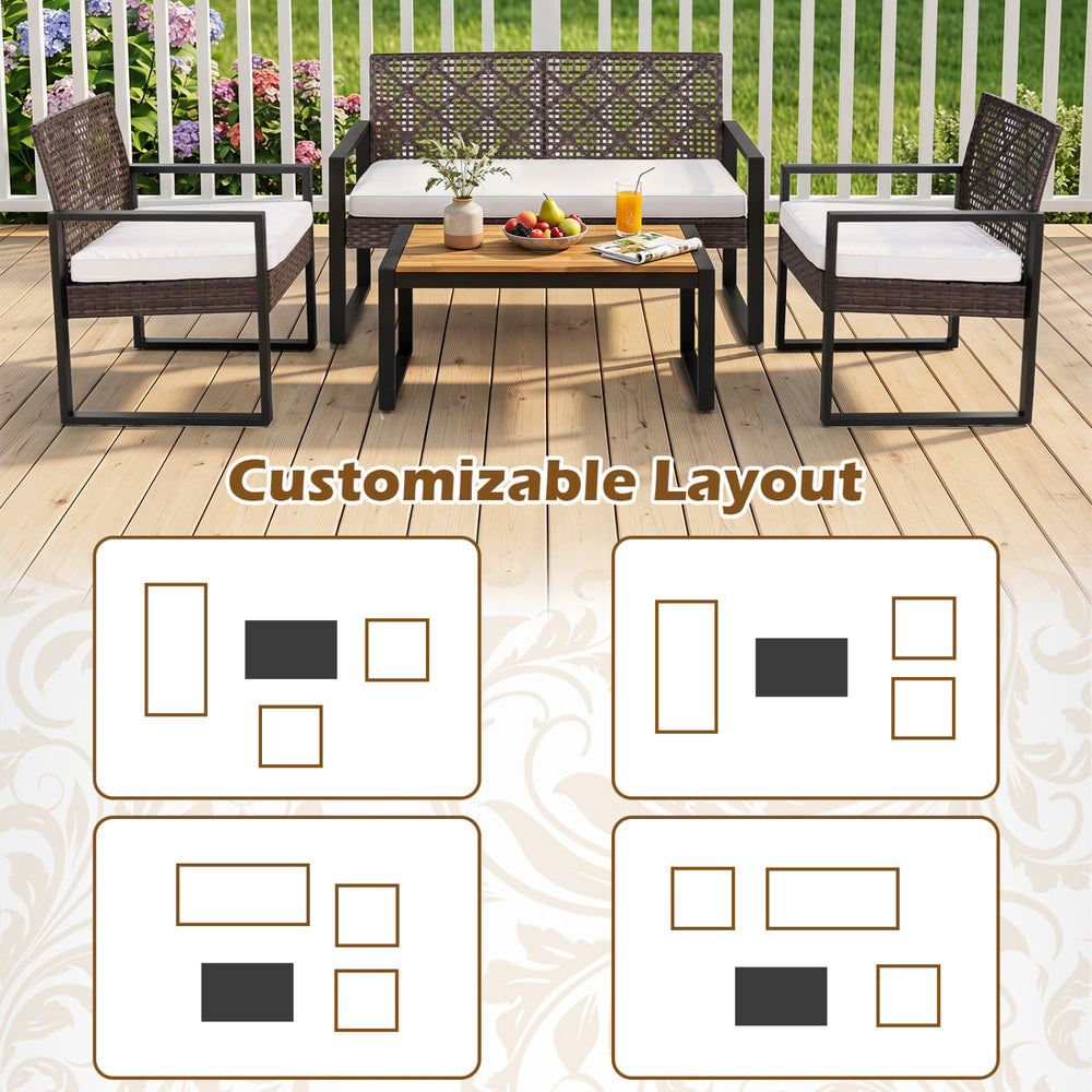 4-piece patio set featuring wicker chairs and an acacia coffee table, customizable layout for outdoor spaces.