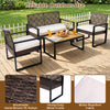 4-piece patio set featuring brown and black wicker chairs and an acacia coffee table, ideal for backyard relaxation.