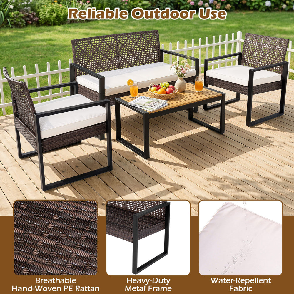 4-piece patio set featuring brown and black wicker chairs and an acacia coffee table, ideal for backyard relaxation.
