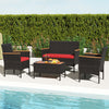 4-piece patio wicker sofa set featuring red cushions, acacia wood armrests, and a coffee table, perfect for outdoor.