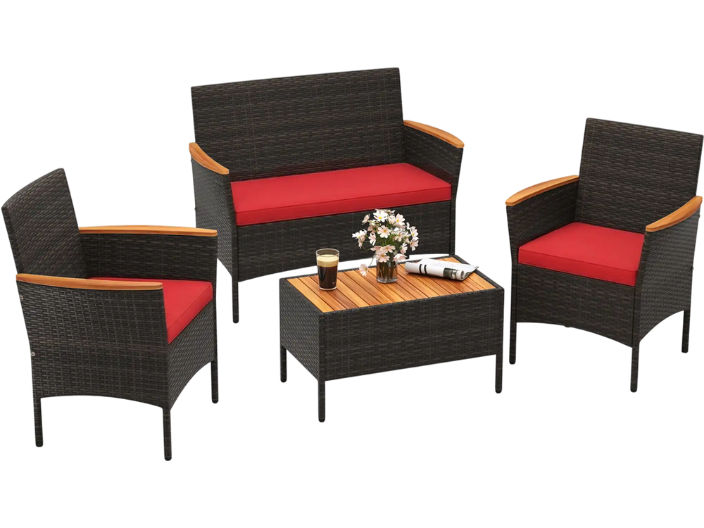 4-piece patio wicker sofa set featuring red cushions, acacia wood accents, and a coffee table, perfect for outdoor.