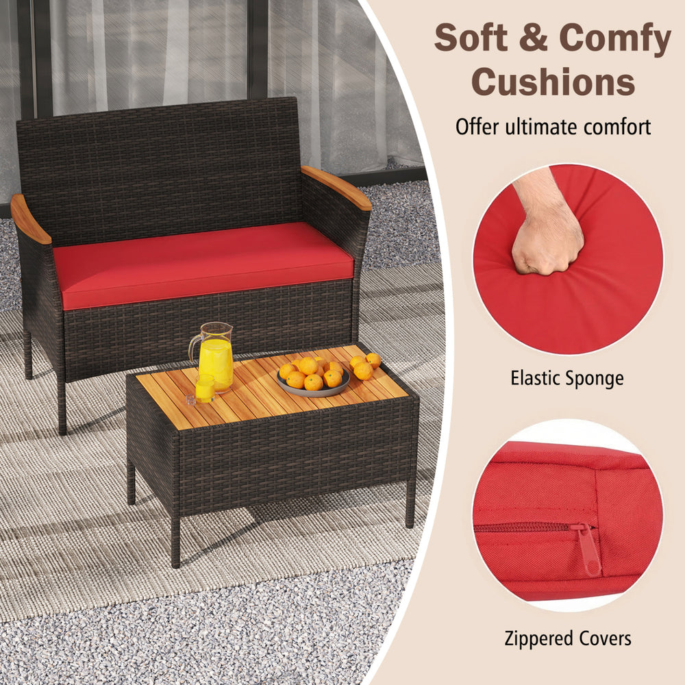 Red cushion loveseat from a 4-piece patio wicker sofa set with acacia wood armrests, ideal for outdoor relaxation.