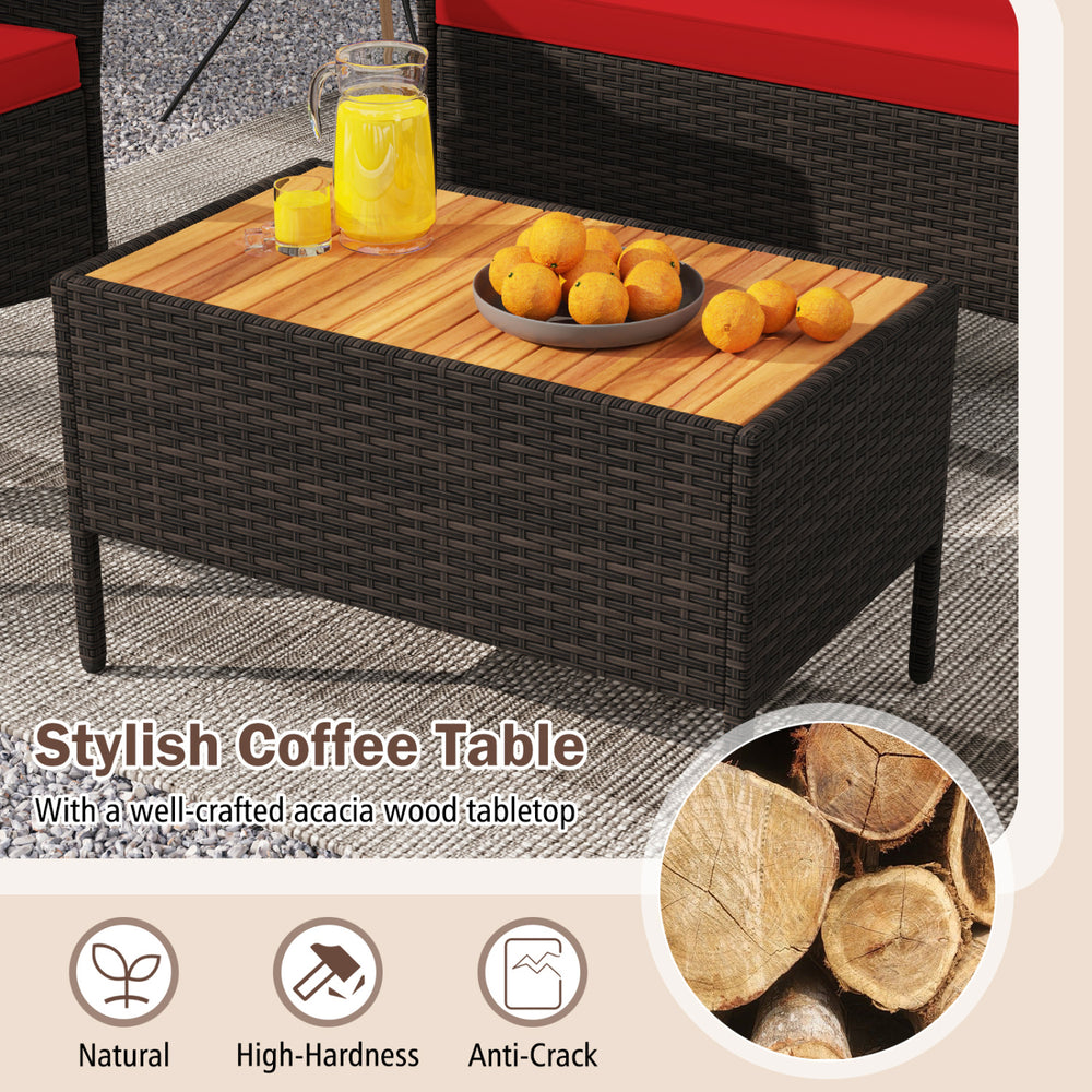 Stylish coffee table with acacia wood tabletop and PE rattan base, perfect for outdoor patio use.