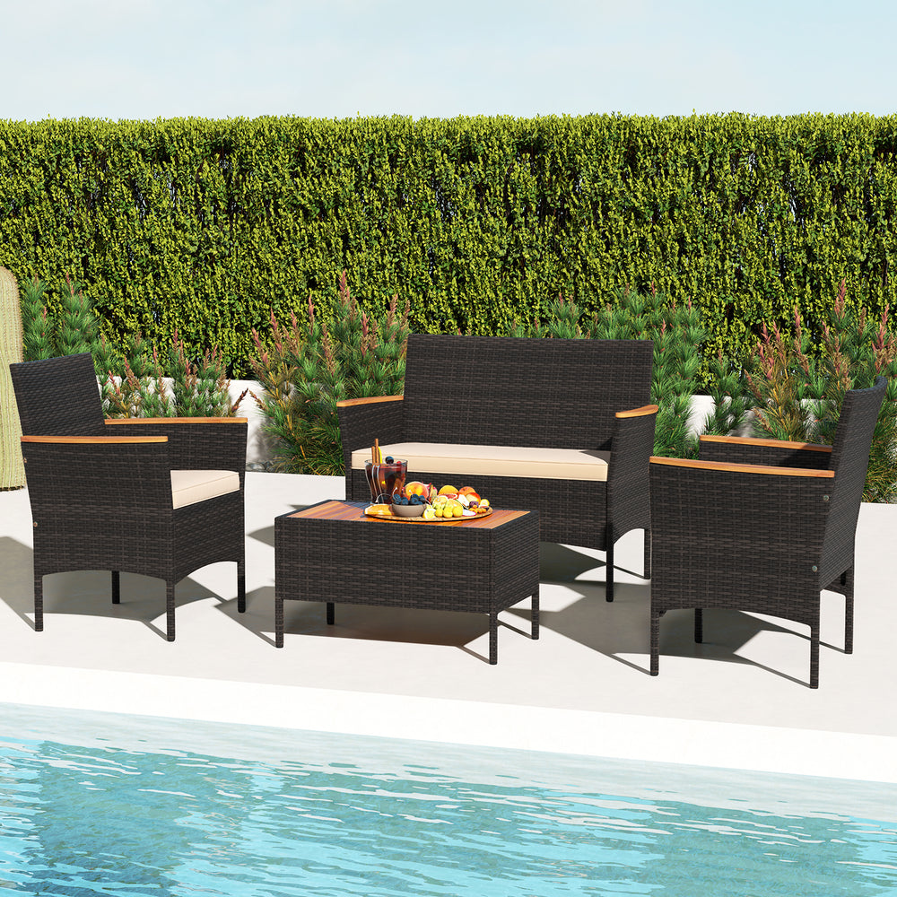 4 Piece Patio Wicker Sofa Set 2 Rattan Chairs and Loveseat with Table-Brown - Gallery View 1 of 14