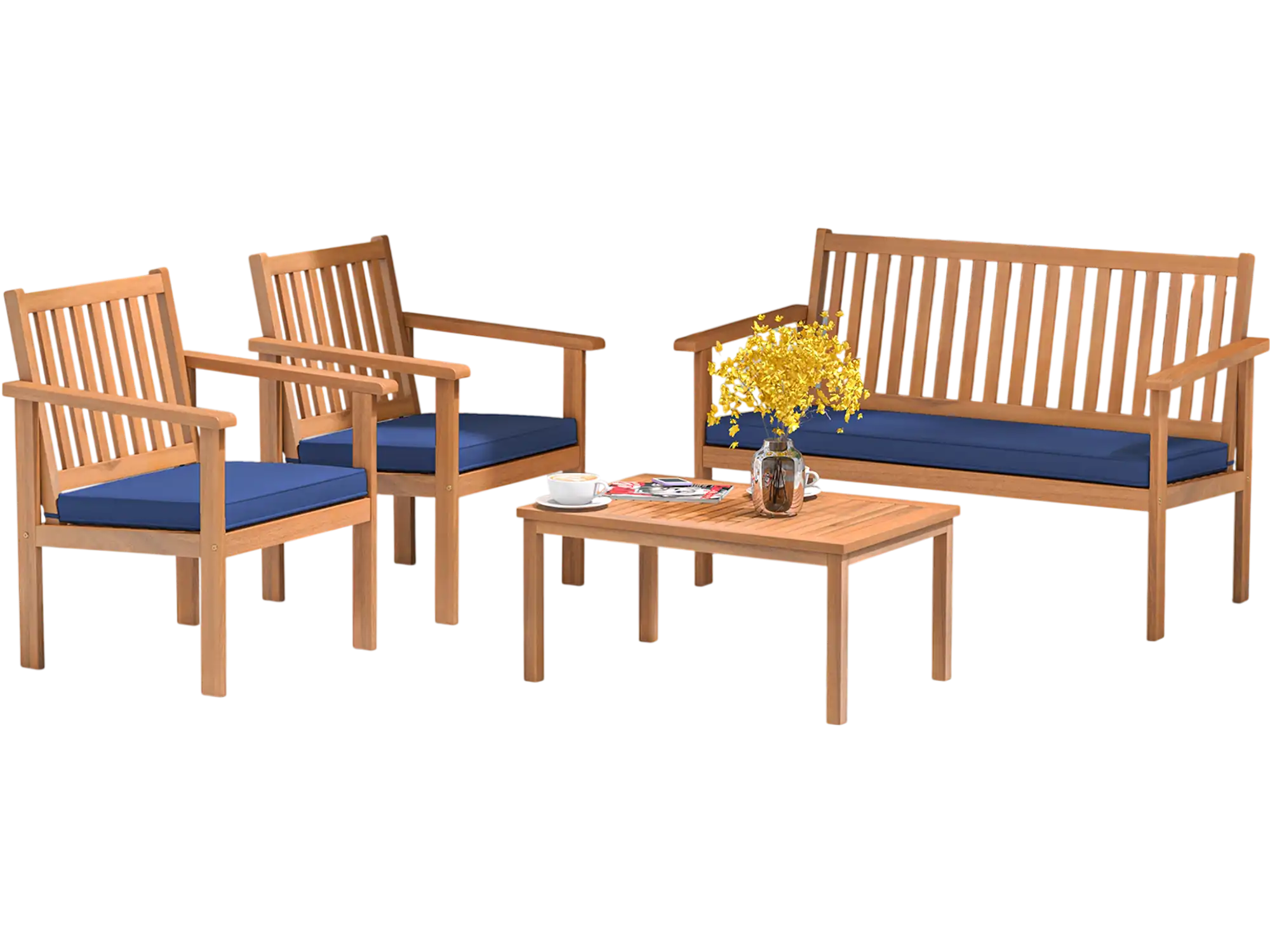 Costway 4 Piece Patio Acacia Wood Sofa Loveseat Furniture Set Navy 91867532 New