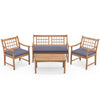 Wood patio loveseat with ergonomic backrest and gray cushions, providing comfort for outdoor lounging in any space.