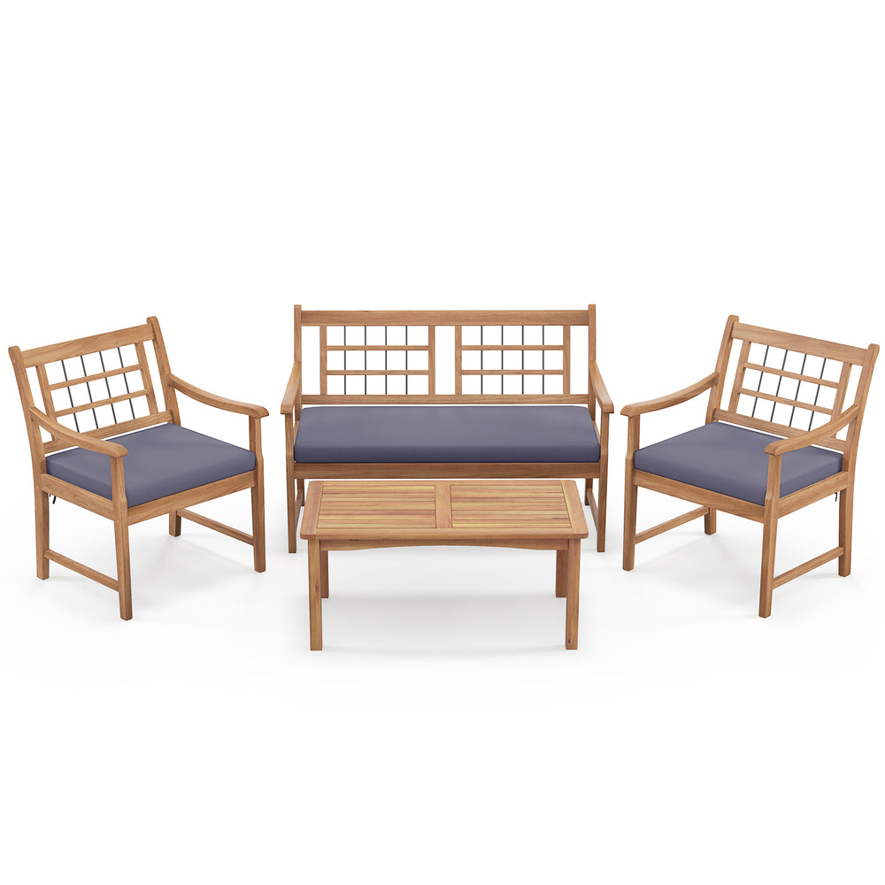 Wood patio loveseat with ergonomic backrest and gray cushions, providing comfort for outdoor lounging in any space.