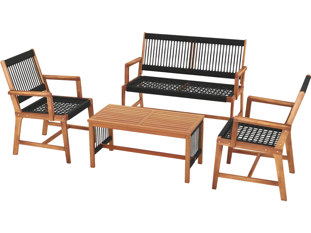 4 Pieces Acacia Wood Patio Conversation Table and Chair Set with Hand Woven Rope