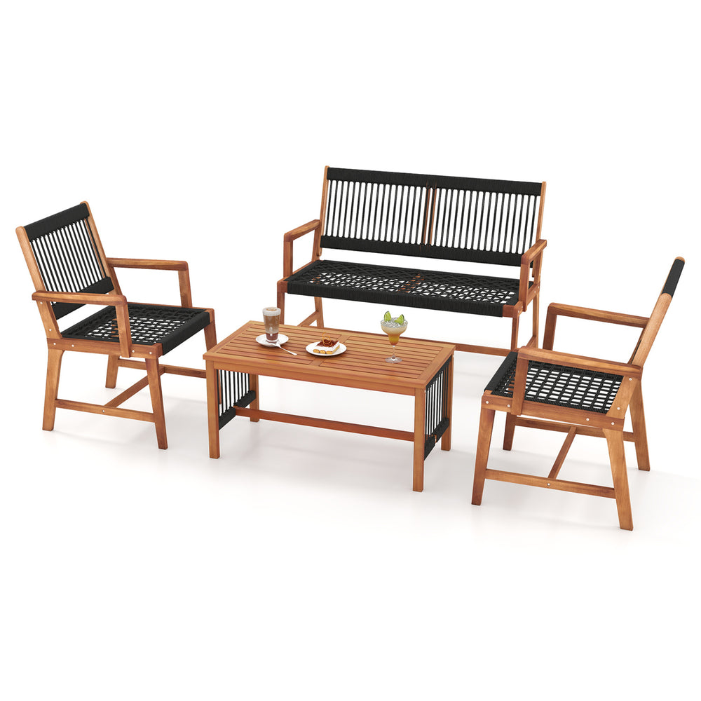 4-piece acacia wood patio conversation set with hand-woven rope, featuring a table and two chairs for outdoor.