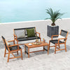 4-piece acacia wood patio conversation set with hand-woven rope, featuring a table and comfortable chairs for outdoor.
