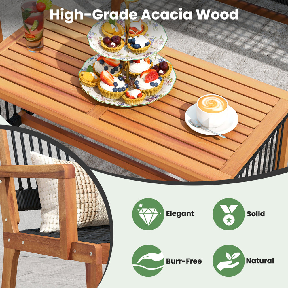 Acacia wood patio conversation table showcasing elegant hand-woven rope, perfect for backyard or poolside gatherings.